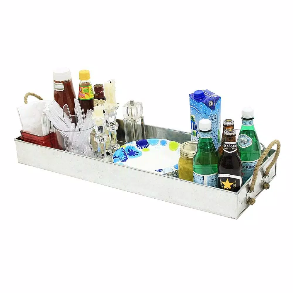 Achla Designs Galvanized Steel Serving Tray with Rope Handles, 28.25 in. x 10.25 in.