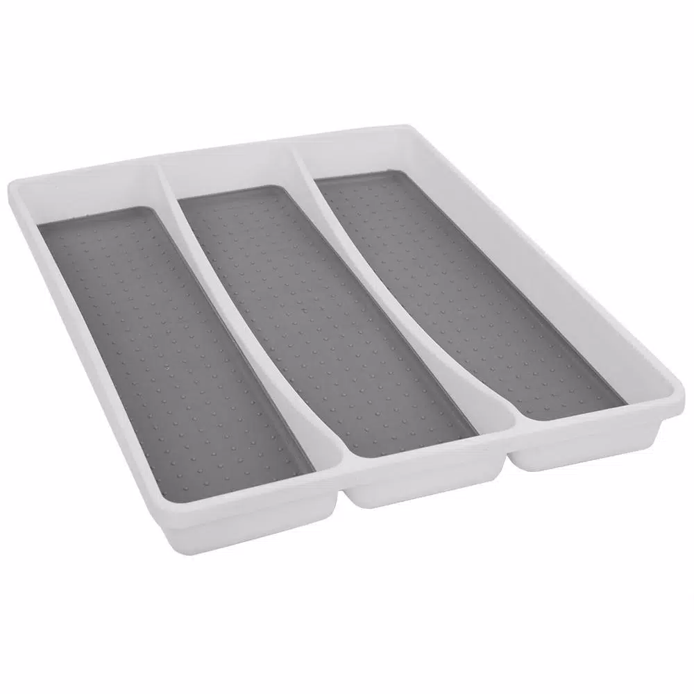 Unbranded White Large Utensil Tray with Rubber Liner, 3 Compartment Cutlery Organizer