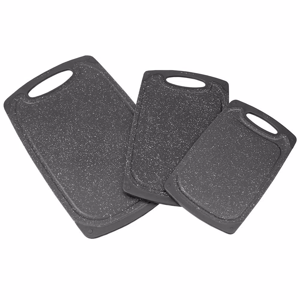 Unbranded 3-Piece Granite Look Plastic Cutting Board Set with Non-Slip Rubber Sides and Deep Juice Grooves, Black