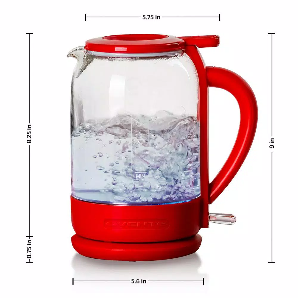 Ovente 1.5L Red Glass Electric Kettle with ProntoFill Technology, 1500W