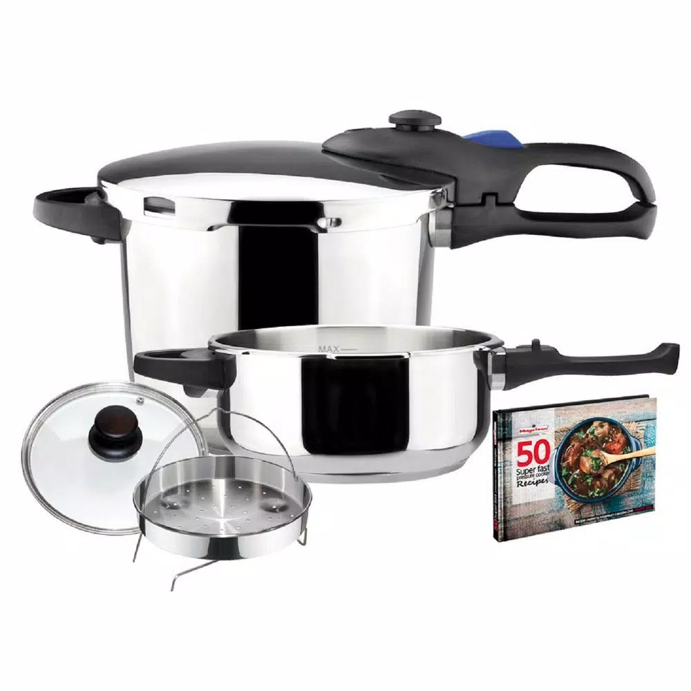 Magefesa Favorit Stainless Steel Pressure Cooker Set, 6.3 Qt. and 4.2 Qt. with Multi-Lid System
