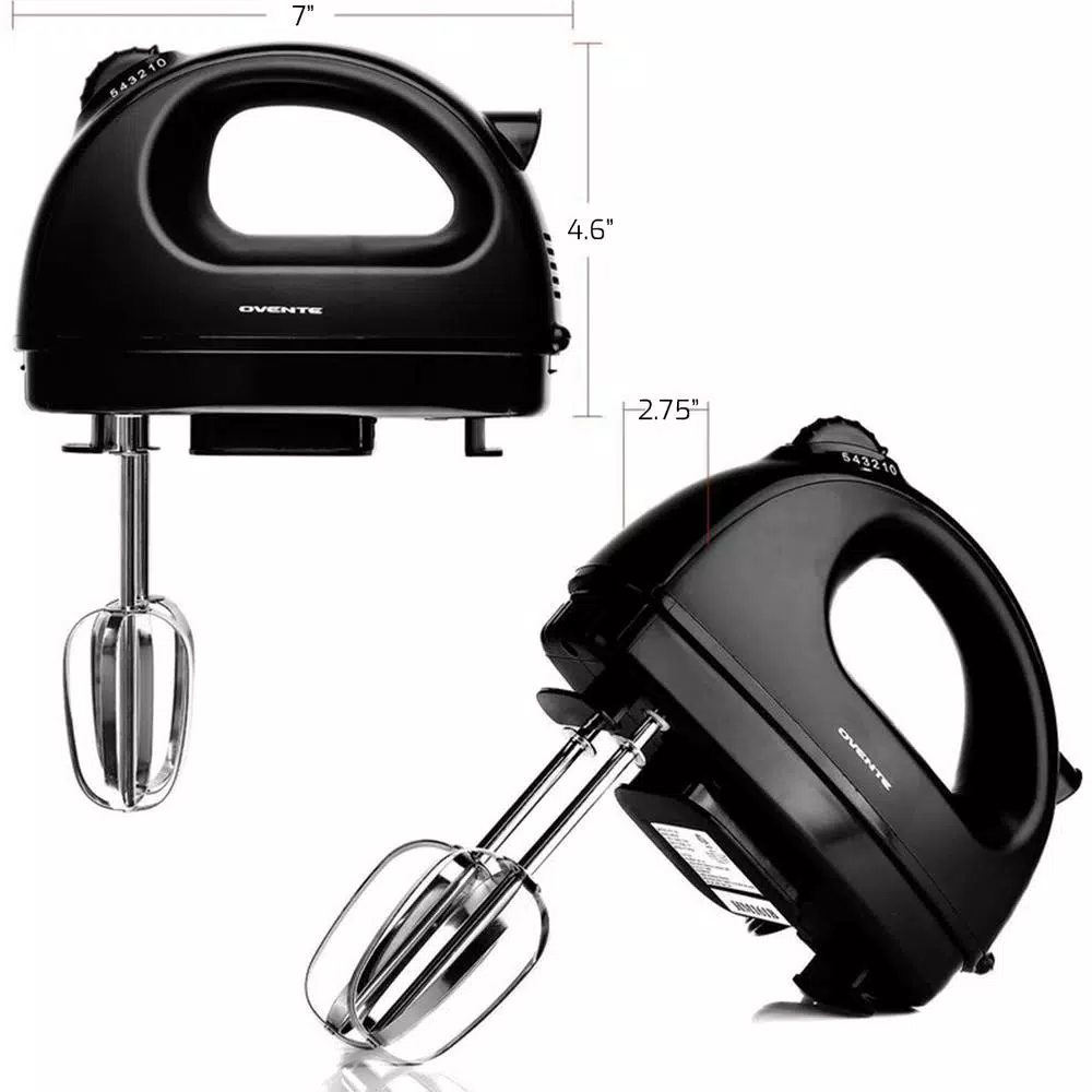 Ovente HM161 5-Speed Electric Hand Mixer, 150W, with Stainless Steel Chrome Beaters and Snap-On Storage Case, Black