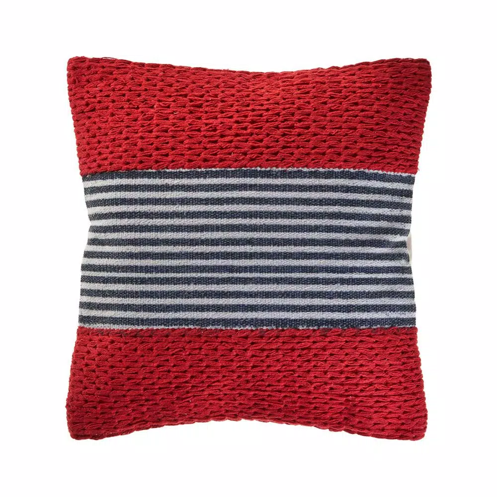 LR Home Bright Red Striped Throw Pillow, 20 in. x 20 in. Textured Cotton Accent Pillow