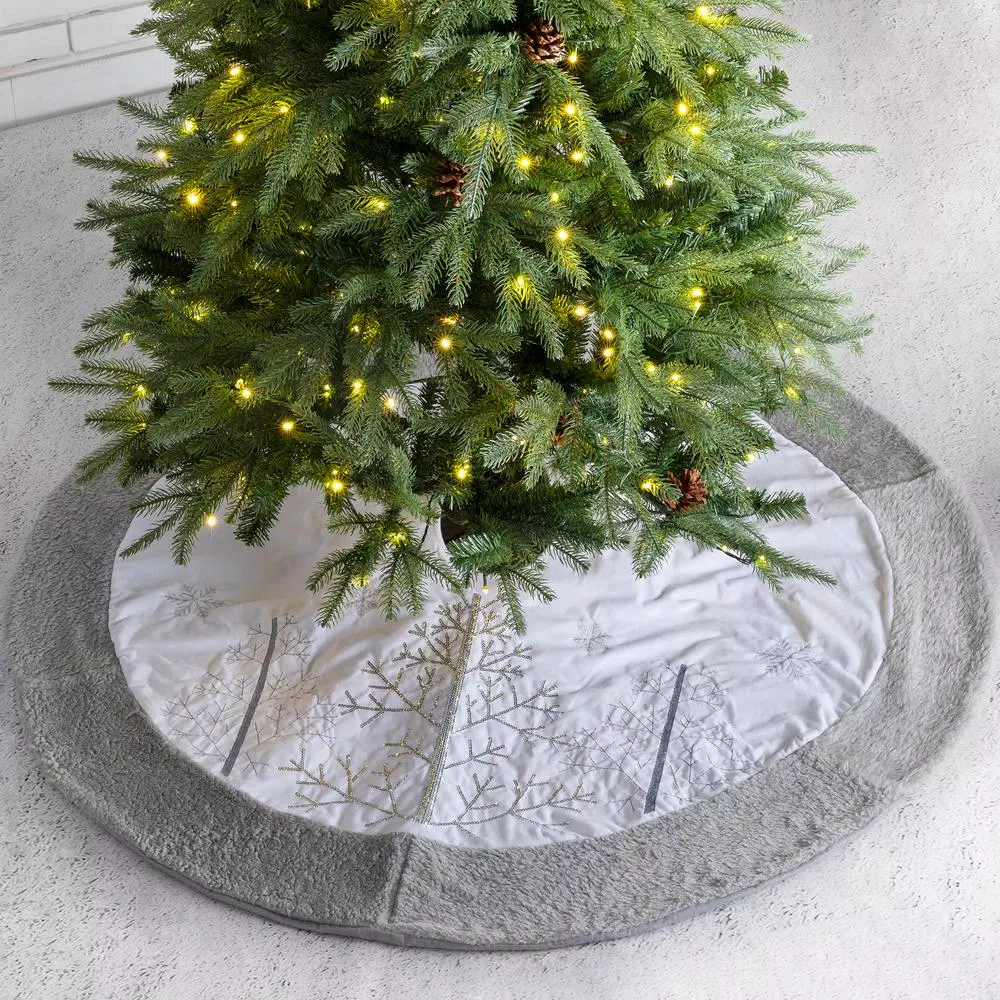 Glitzhome 48 in. White Faux Fur Christmas Tree Skirt with Grey Edge