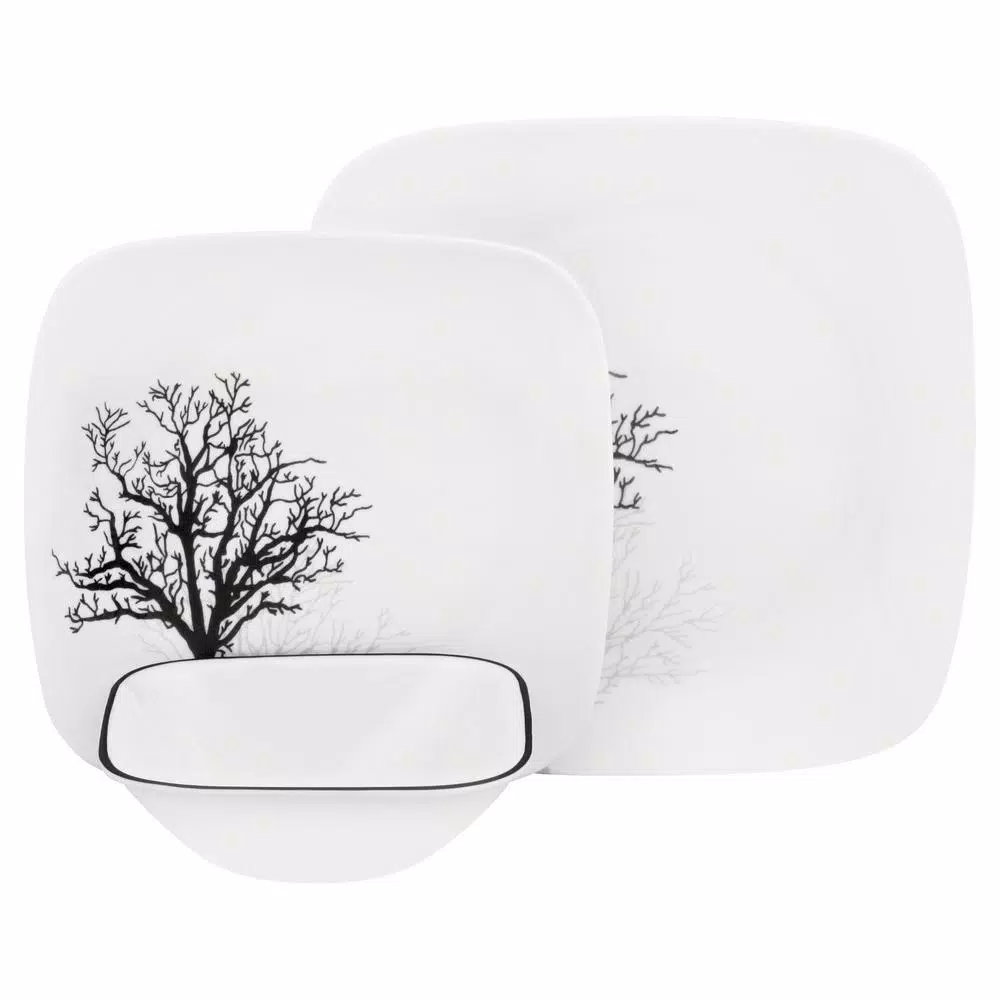 Corelle Square 16-Piece Black Trees Glass Dinnerware Set, Service for 4