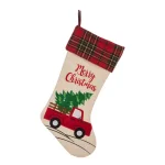 Glitzhome 21 in. Embroidered Linen Christmas Stocking - Red Truck, Tree & Plaid Design thumbnail 1