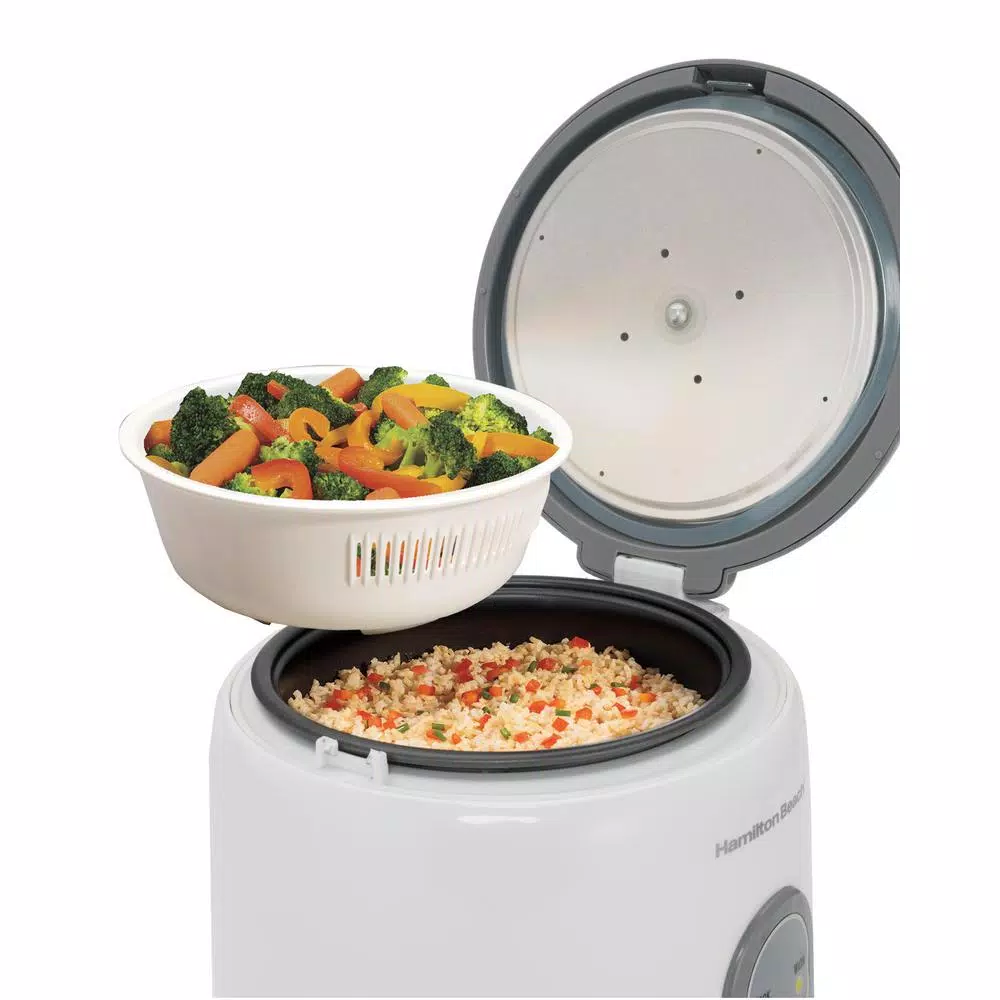 Hamilton Beach 8-Cup White Rice Cooker and Warmer with Non-Stick Pot and Steam Basket