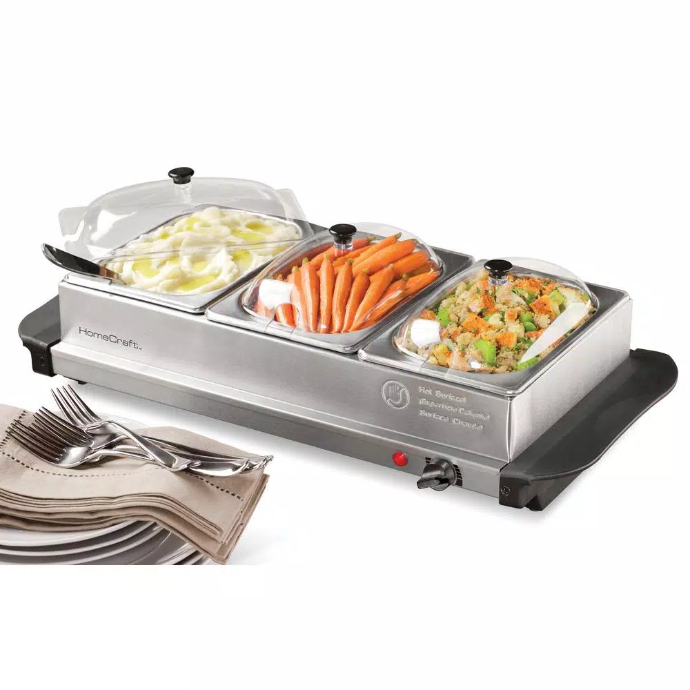 HomeCraft 1.5 Qt. Stainless Steel 3-Tray Buffet Server with Warming Tray Base