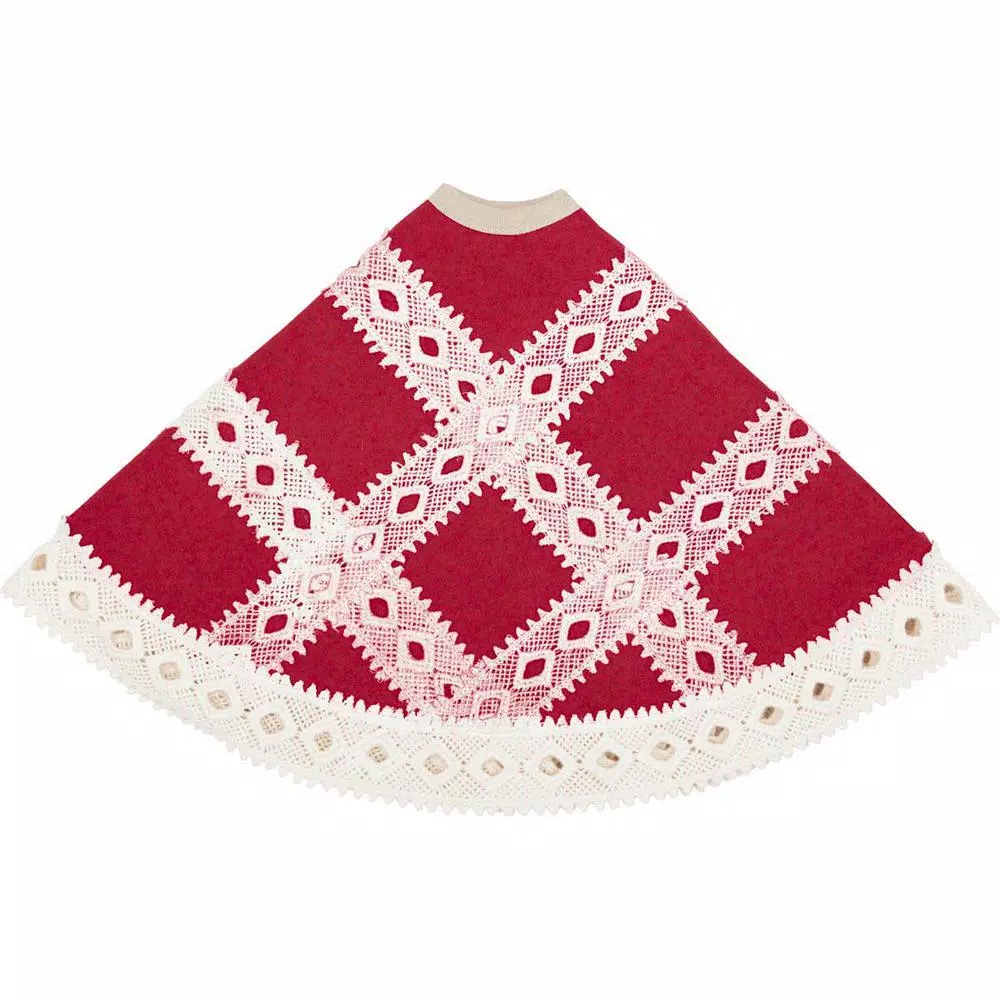VHC Brands 21 in. Red Margot Farmhouse Christmas Tree Skirt with Diamond Cut Lace