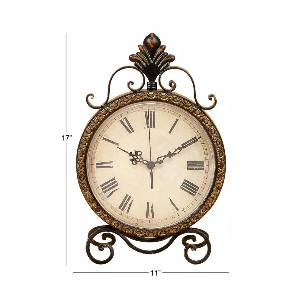 LITTON LANE 17 in. x 11 in. Round Wrought Iron Table Clock with Tarnished Bronze Finish