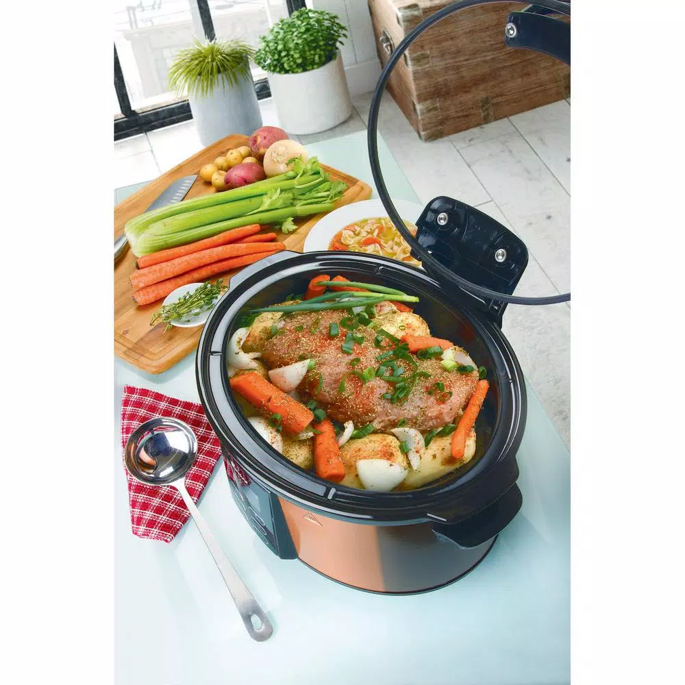 Euro Cuisine 6 Qt. Copper Electric Digital Slow Cooker with Programmable Timer and Hinged Glass Lid