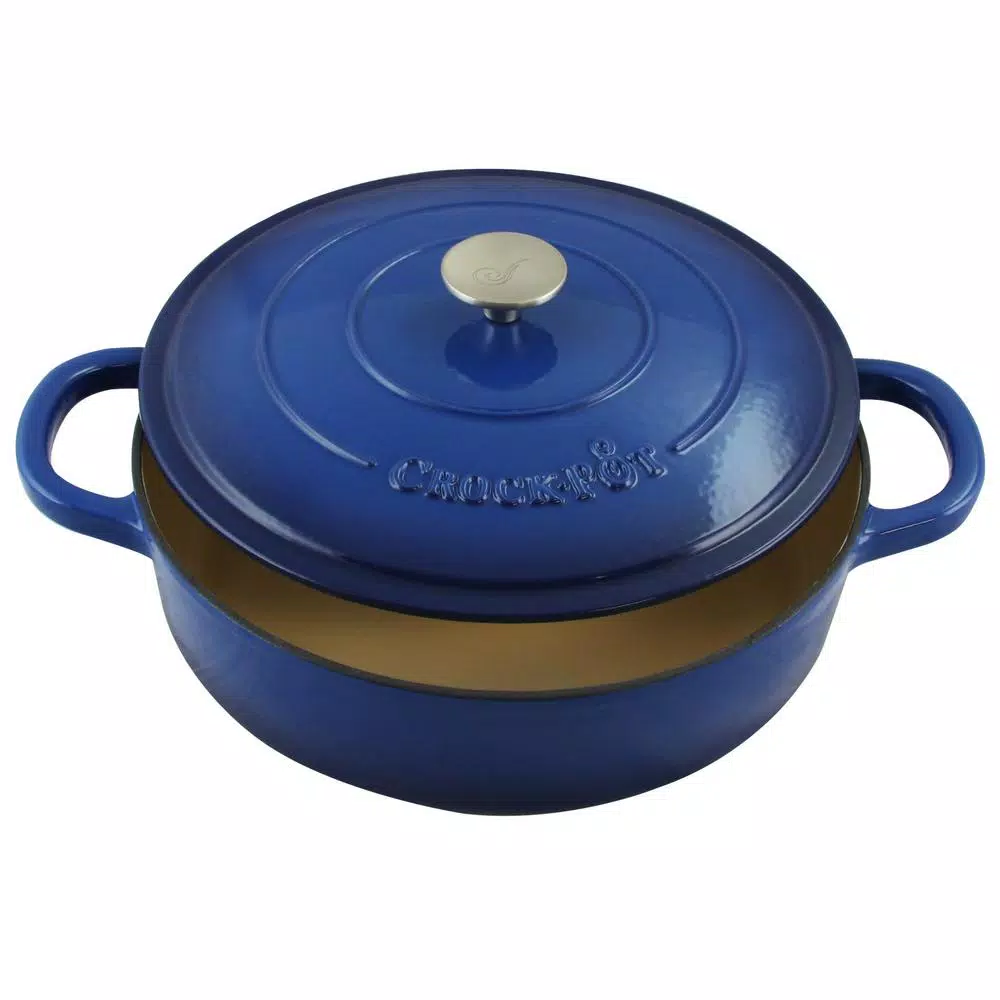 Crock-Pot Artisan 5 Qt. Enameled Cast Iron Round Braiser Pan with Self-Basting Lid, Blue