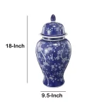 Benjara Blue and White Ceramic Ginger Jar with Petite Flower Design and Lid thumbnail 2