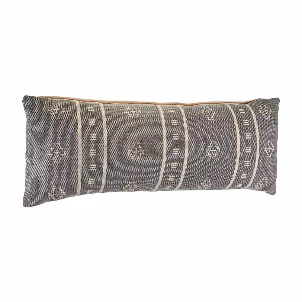LR Home Embroidered Ethnic Floral Throw Pillow, 14 x 36 in, Gray and Cream Cotton