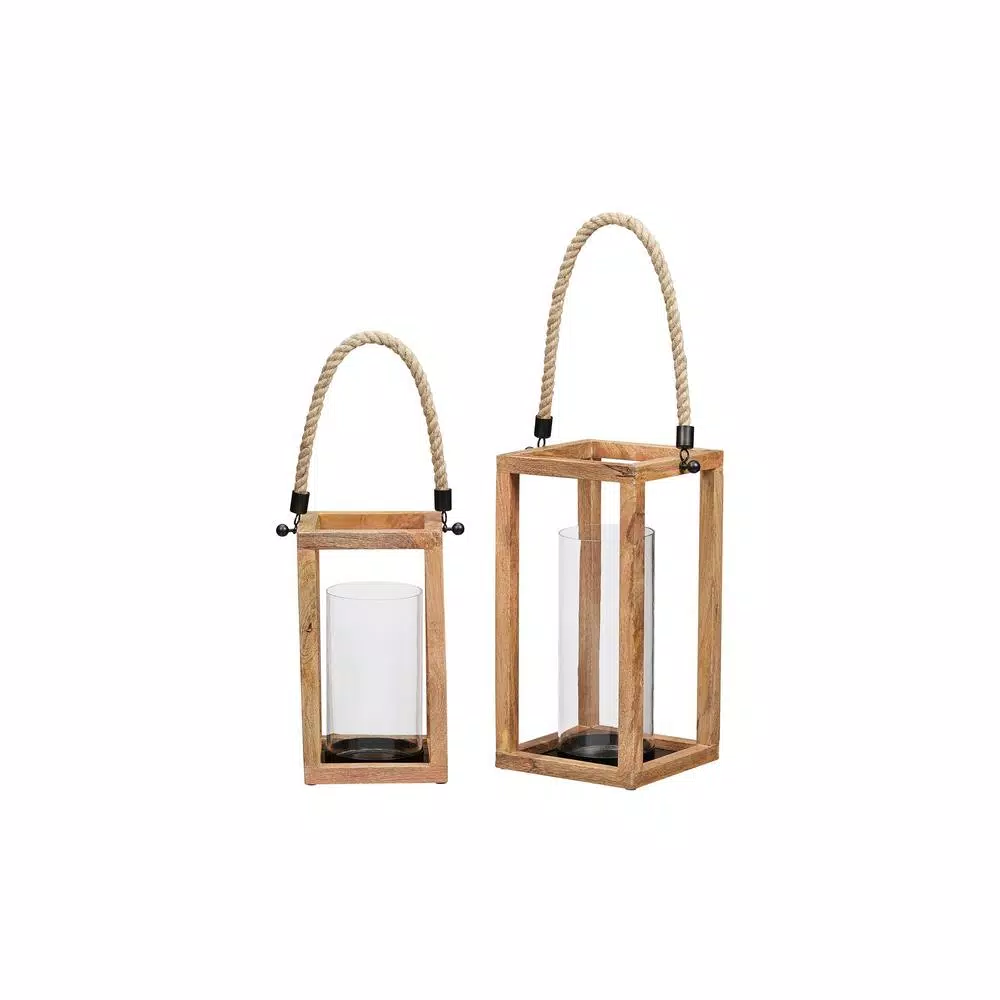 StyleWell Natural Mango Wood Candle Lanterns with Rope Handle, Set of 2
