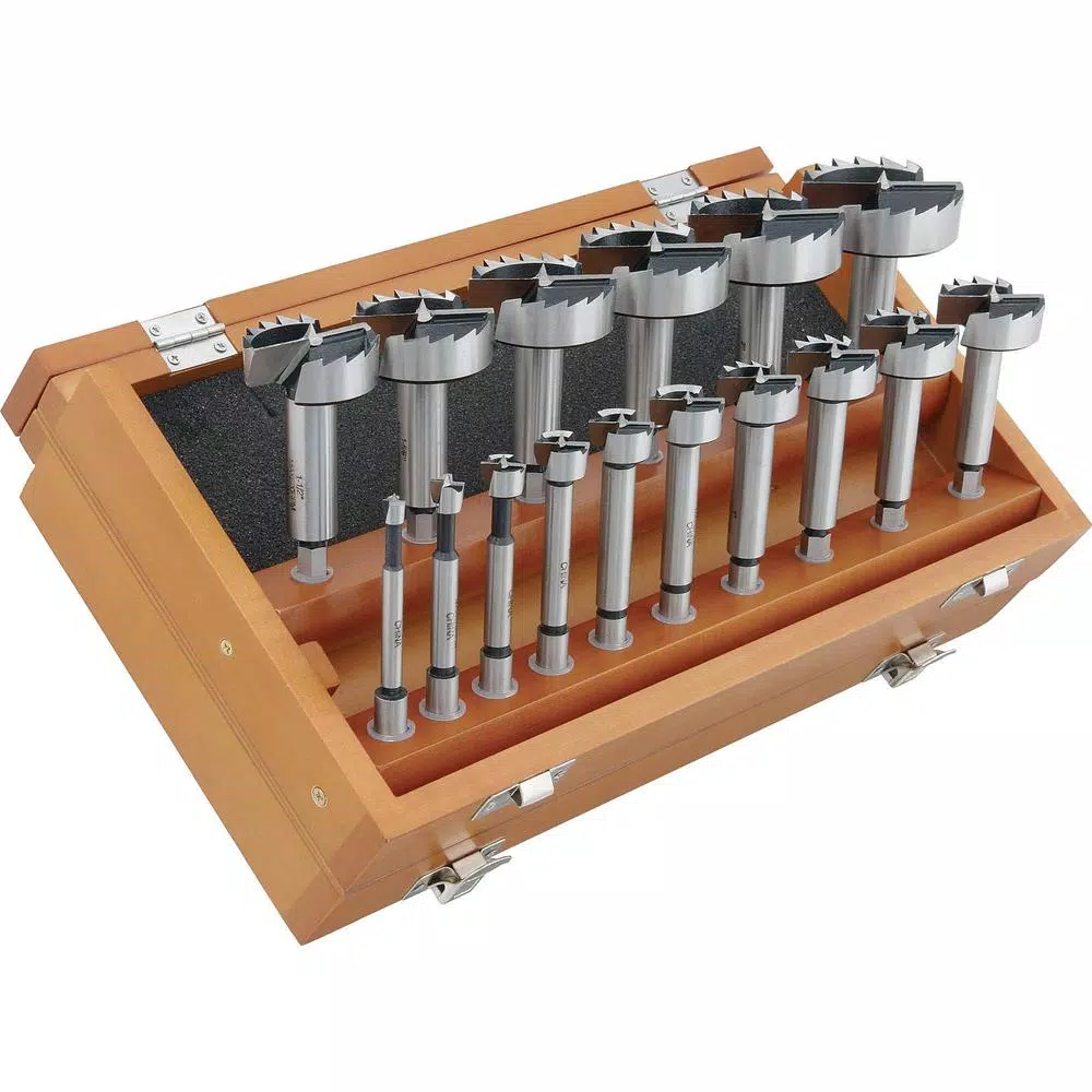 Shop Fox 16-Piece Forstner Bit Set, 1/4 in. to 2-1/8 in., High Carbon Steel with Hex Shank and Wooden Storage Case