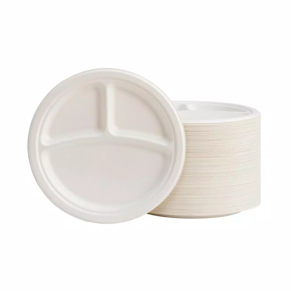 Unbranded 9 in. White Sugarcane Sectional Plates, 3-Compartment Biodegradable Disposable Plates (300 Pack)