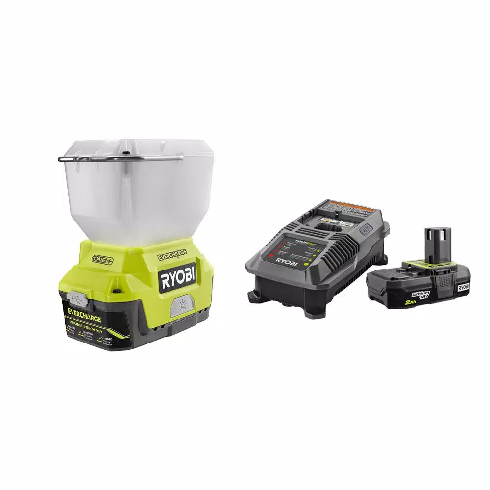 RYOBI 18V ONE+ Cordless LED Area Light Kit with EVERCHARGE Wall Mount Adaptor, 2.0 Ah Battery & Charger