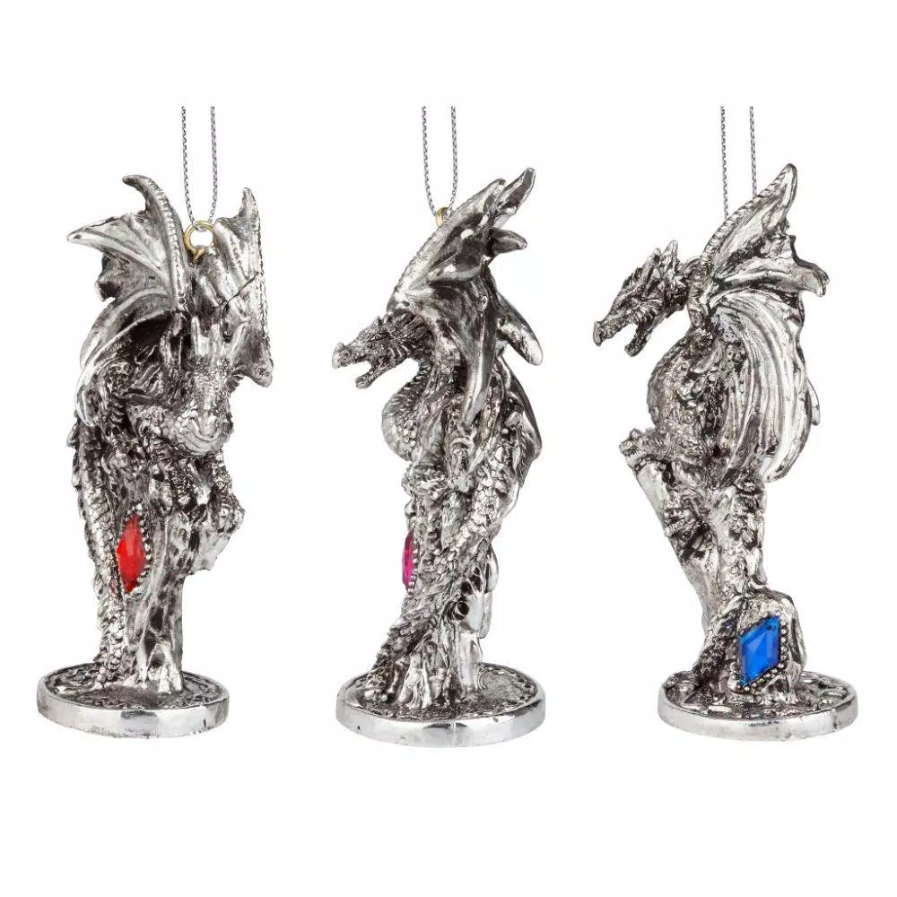 Design Toscano Three Dragons of the Amesbury Holiday Gemstone Ornament Set, 3-Piece Silver Resin