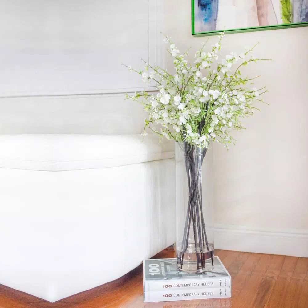Nearly Natural Giant White Cherry Blossom Silk Floral Arrangement with Cylinder Vase
