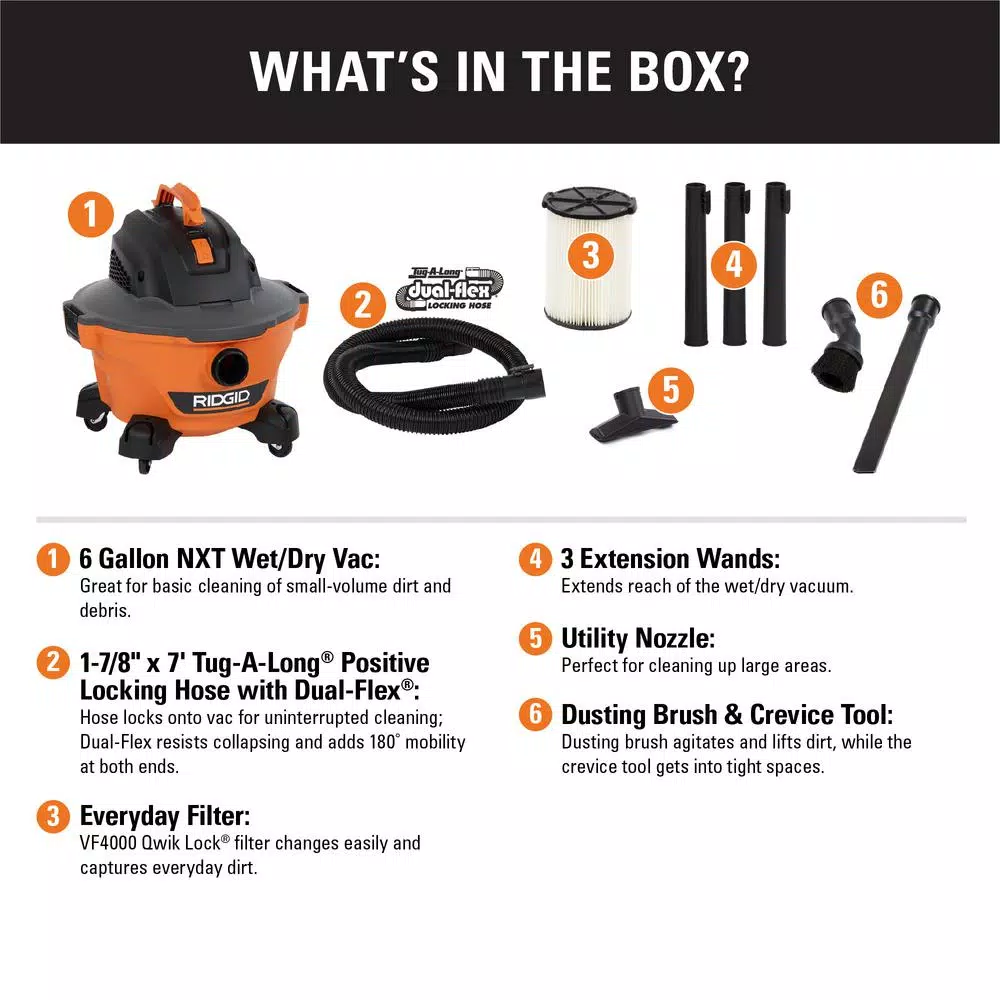 RIDGID 6 Gal. 3.5 Peak HP NXT Wet/Dry Shop Vacuum with Dual-Flex Hose and Accessories