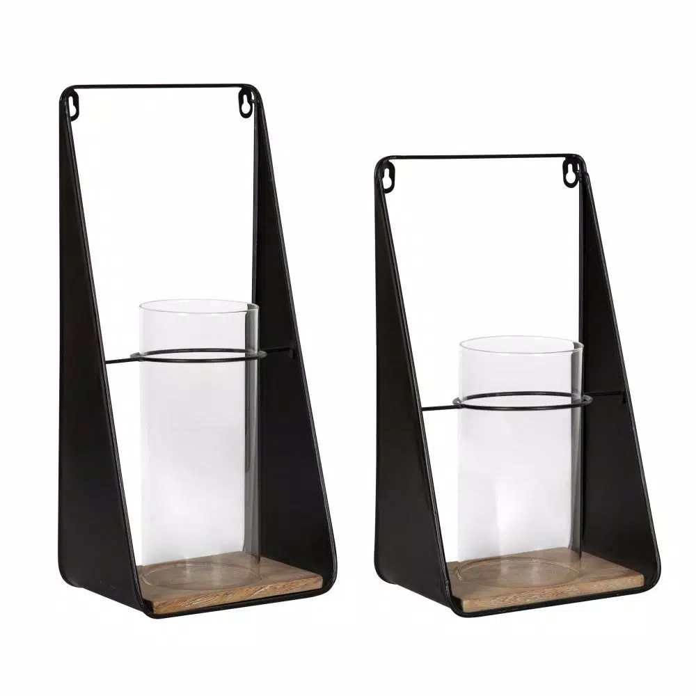 Kate and Laurel Blackwell Natural Wood and Black Metal Candle Sconce Set of 2
