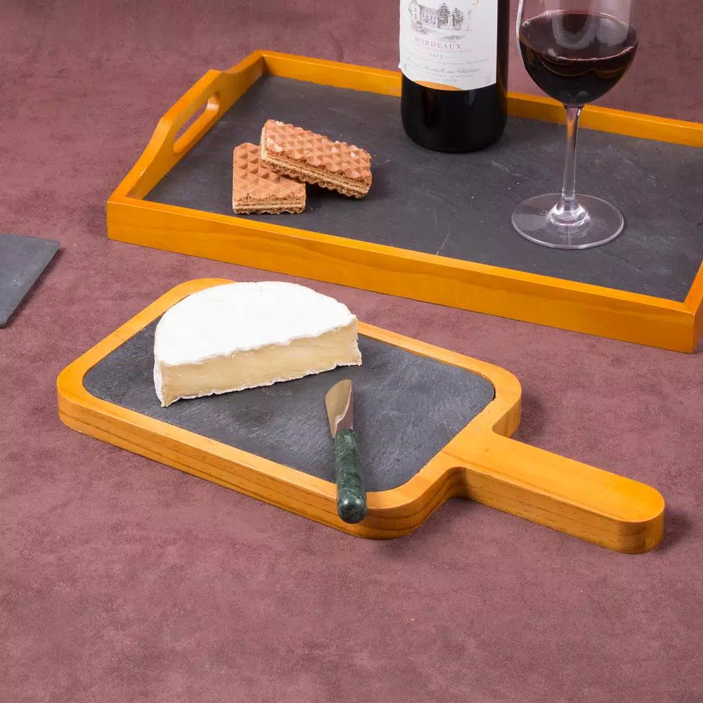 Creative Home Natural Pine Wood and Slate Insert Cheese Board Serving Paddle, 14.4 x 6.5 in.