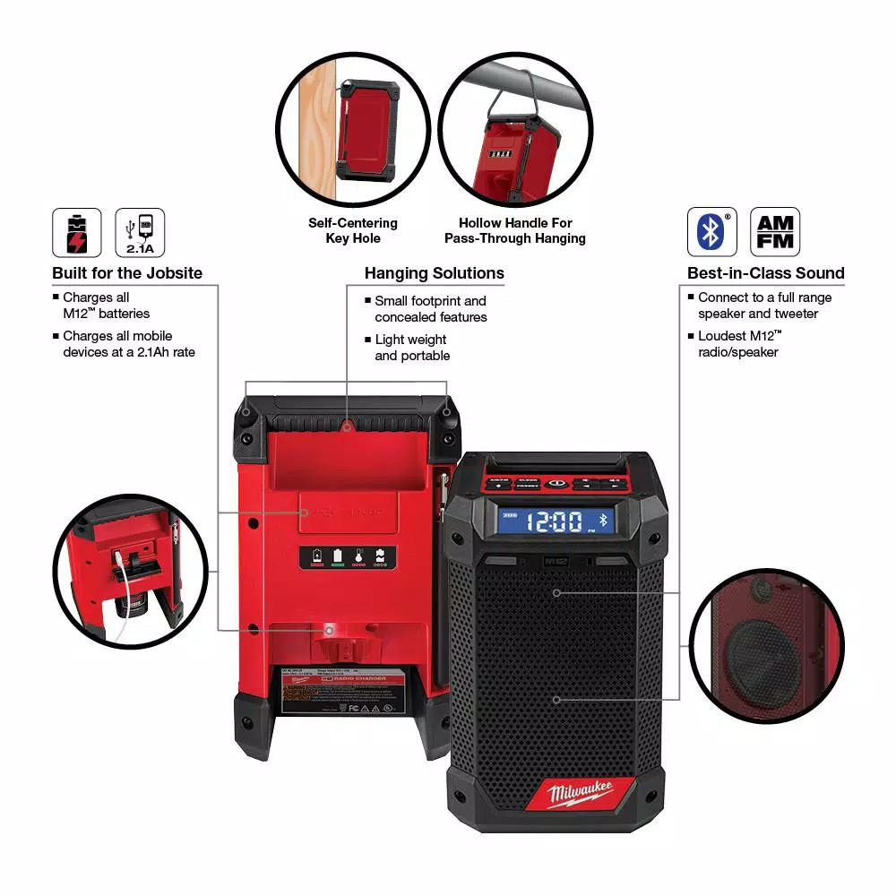 Milwaukee M12 12V Lithium-Ion Cordless Bluetooth AM/FM Jobsite Radio with Charger