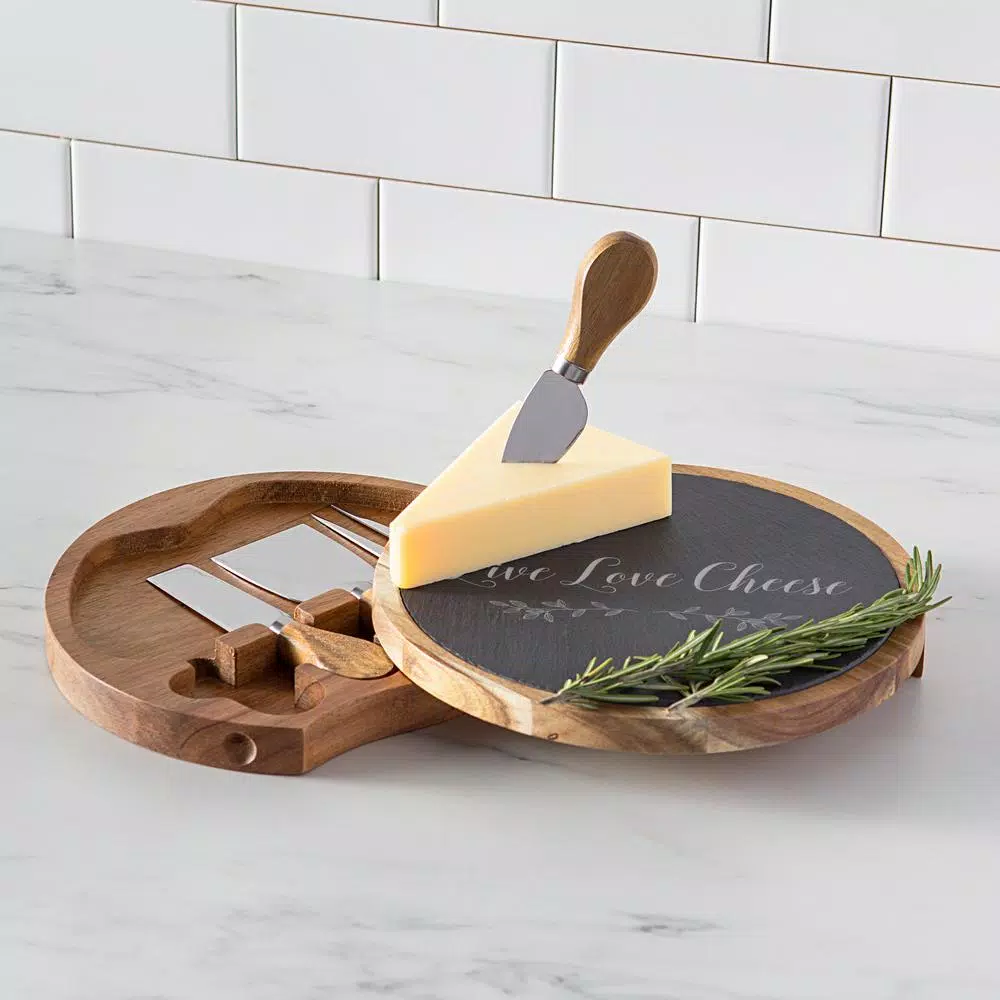 Cathy's Concepts Live Love Cheese 5-Piece Acacia Wood and Natural Slate Cheese Board Set with Utensils