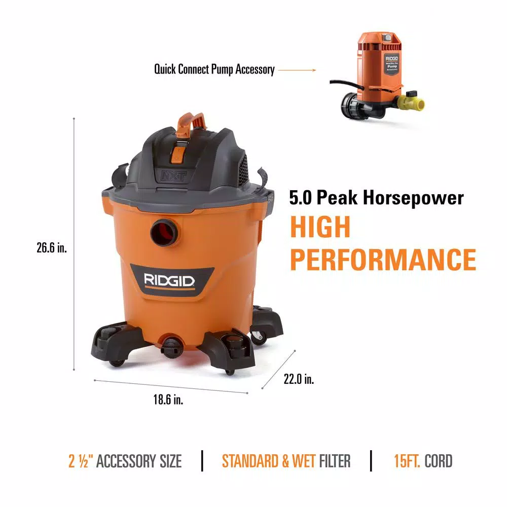 RIDGID 12 Gal. 5.0 Peak HP NXT Wet/Dry Shop Vacuum with Locking Accessories and Pump Accessory