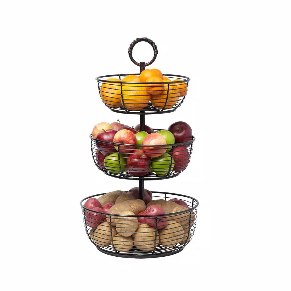 Gourmet Basics by Mikasa Mikasa Gourmet Basics 3-Tier Round Wrought Iron Fruit Basket, Black