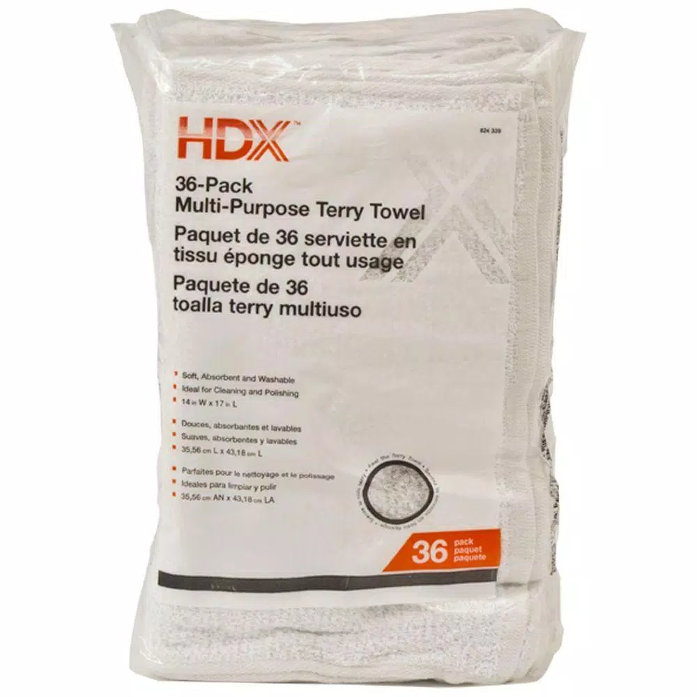 HDX Multi-Purpose Cotton Terry Cloth Towels, 14 in. x 17 in., White (36-Pack)