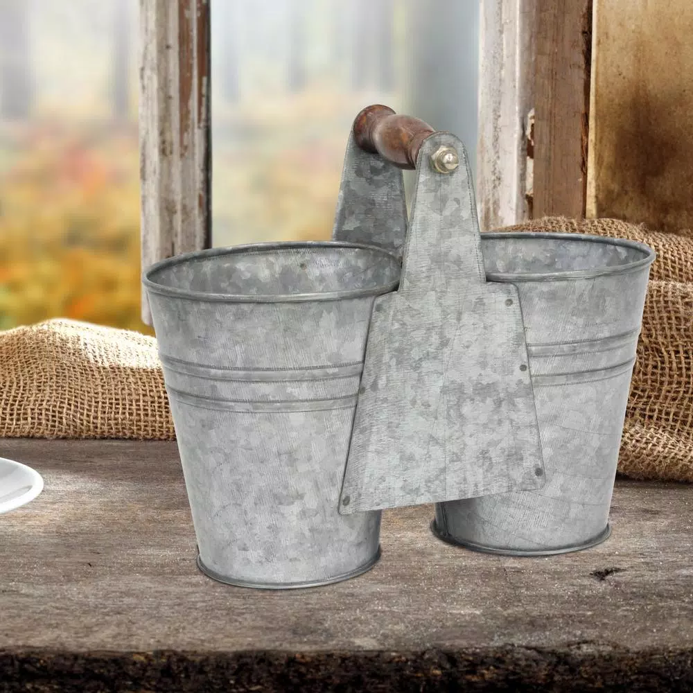Stonebriar Collection Stonebriar 9 in. Antique Galvanized Double Bucket with Wood Handle
