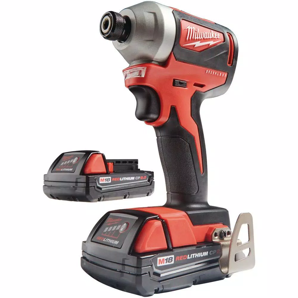 Milwaukee M18 18V Brushless Cordless 1/4 in. Hex Impact Driver Kit with Two 2.0 Ah Batteries and Charger
