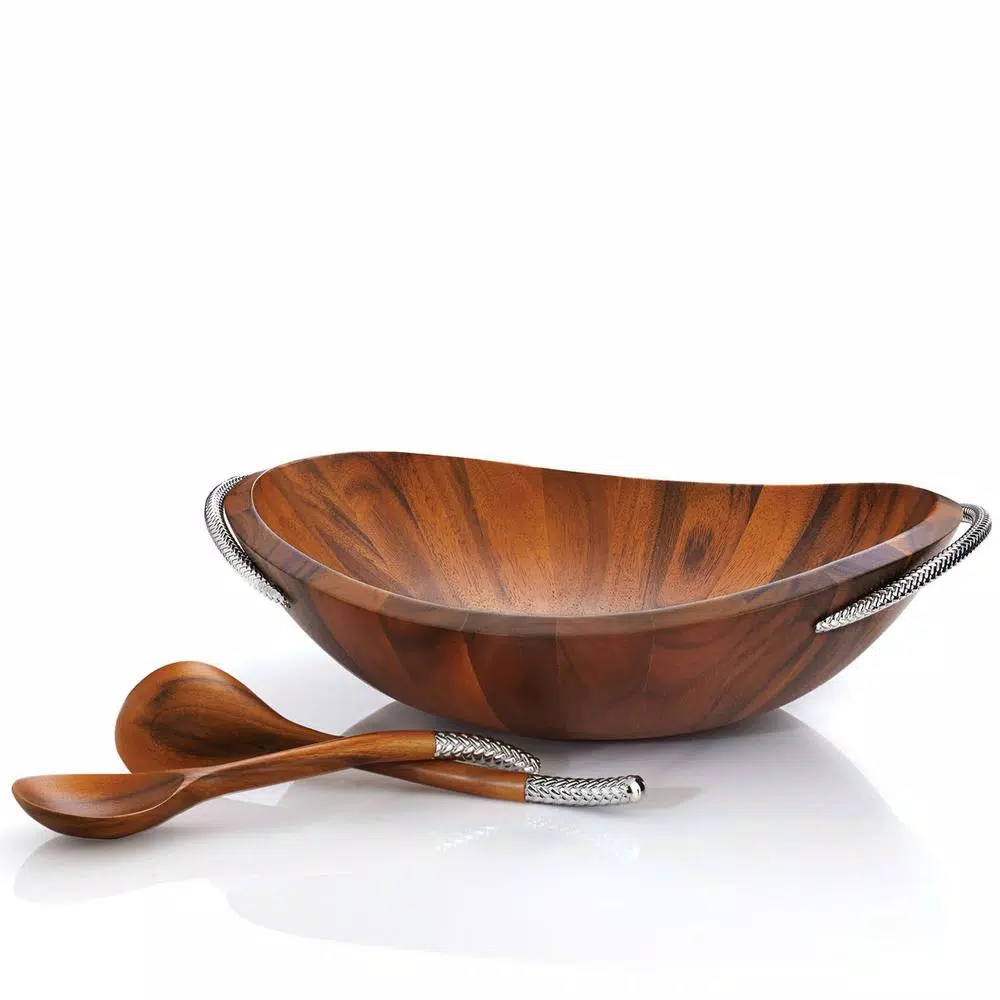 Nambe 20 in. Braid Acacia Wood Salad Bowl with Chrome Accented Servers, 32 oz.