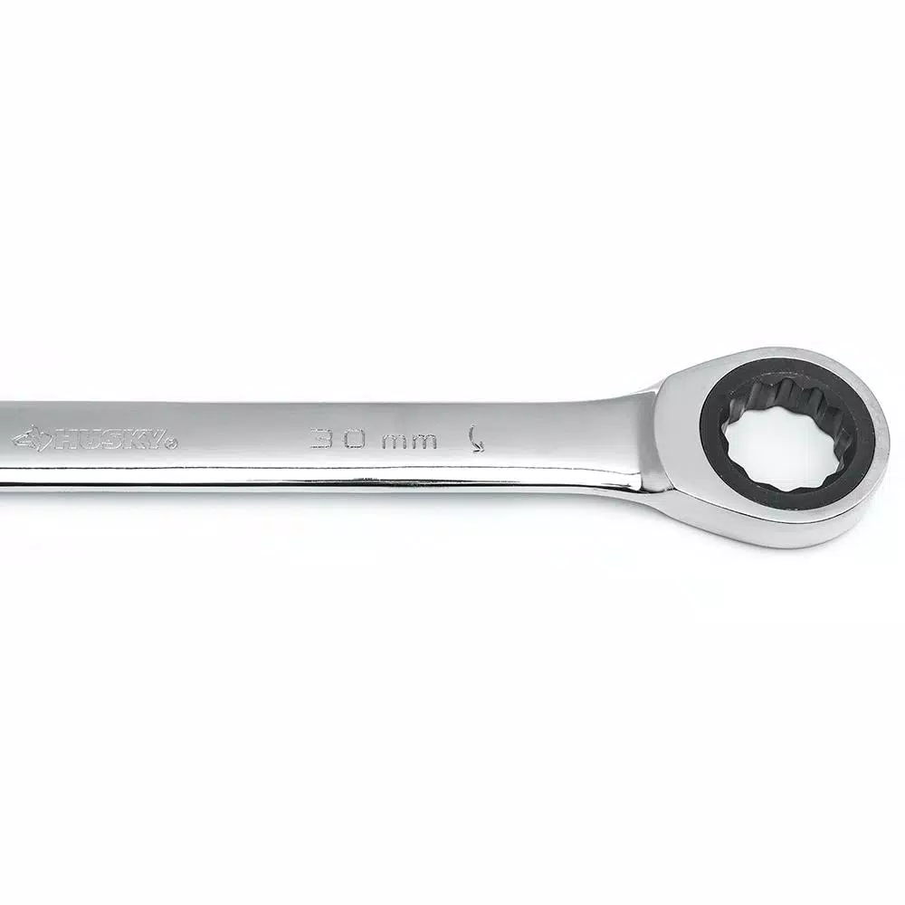 Husky 30 mm 12-Point Ratcheting Combination Wrench, 72-Tooth, Chrome Alloy Steel
