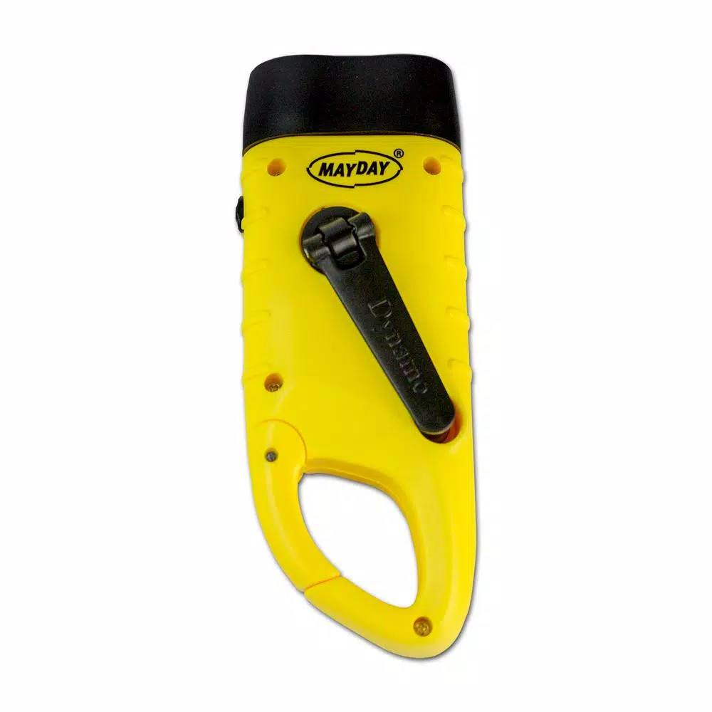 Mayday Hand Crank Flashlight with Solar Panel and Clip, Yellow