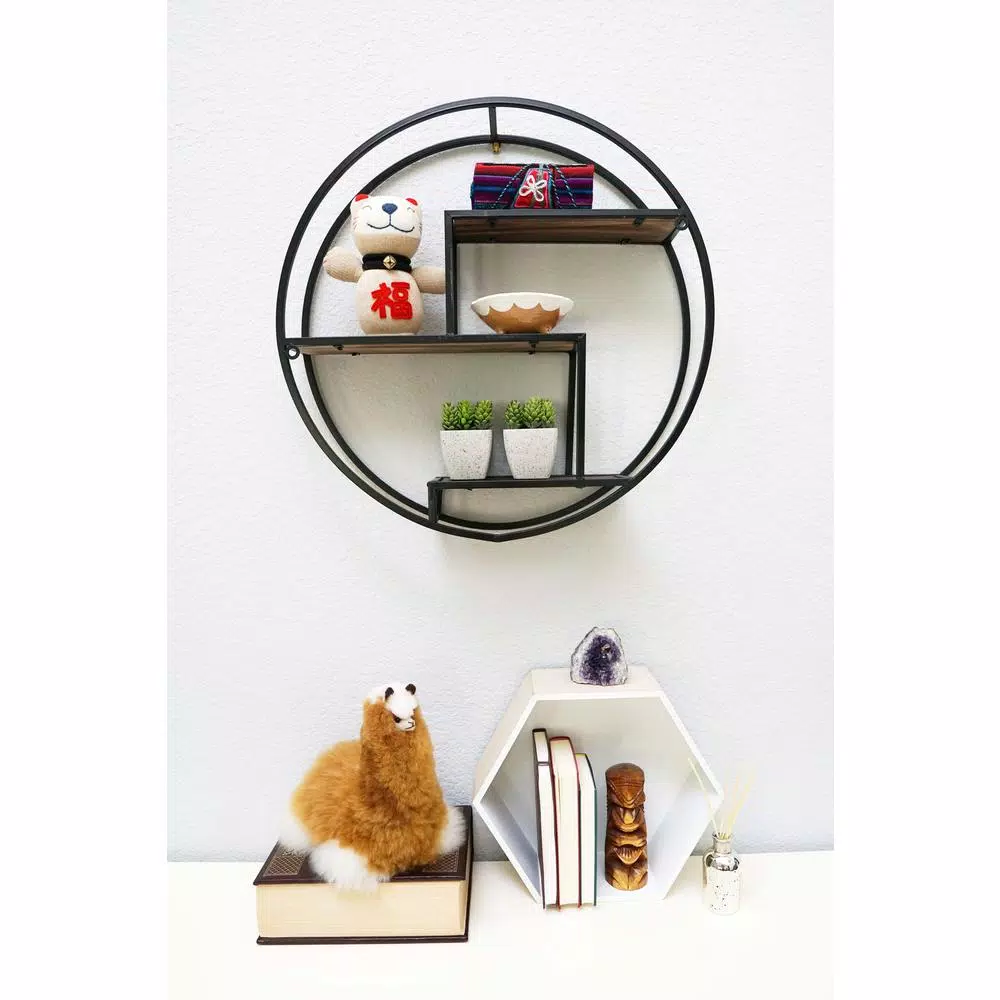 Admired By Nature 23 in. Black Round 3-Tier Iron and Wood Wall-Mounted Floating Shelves