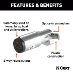 CURT 6-Way Round Trailer Connector Plug, Chrome Plastic, Male End thumbnail 3