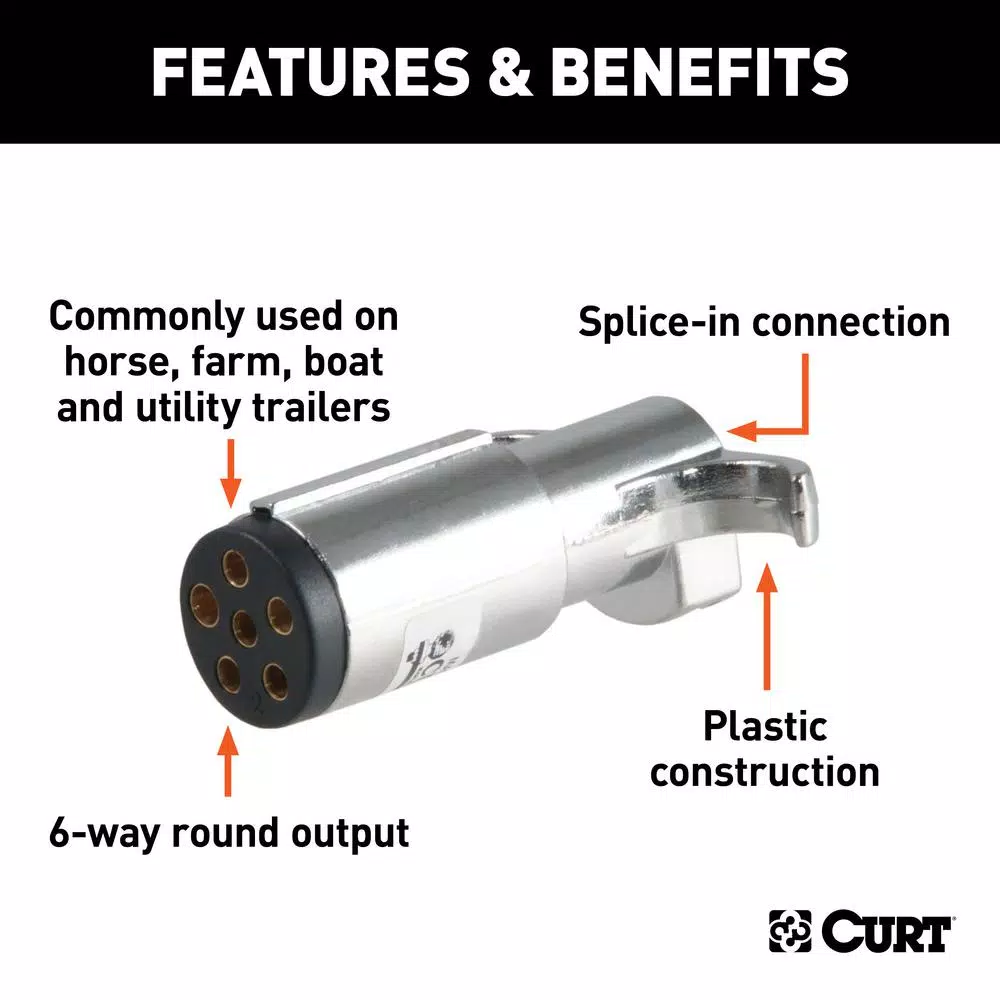CURT 6-Way Round Trailer Connector Plug, Chrome Plastic, Male End