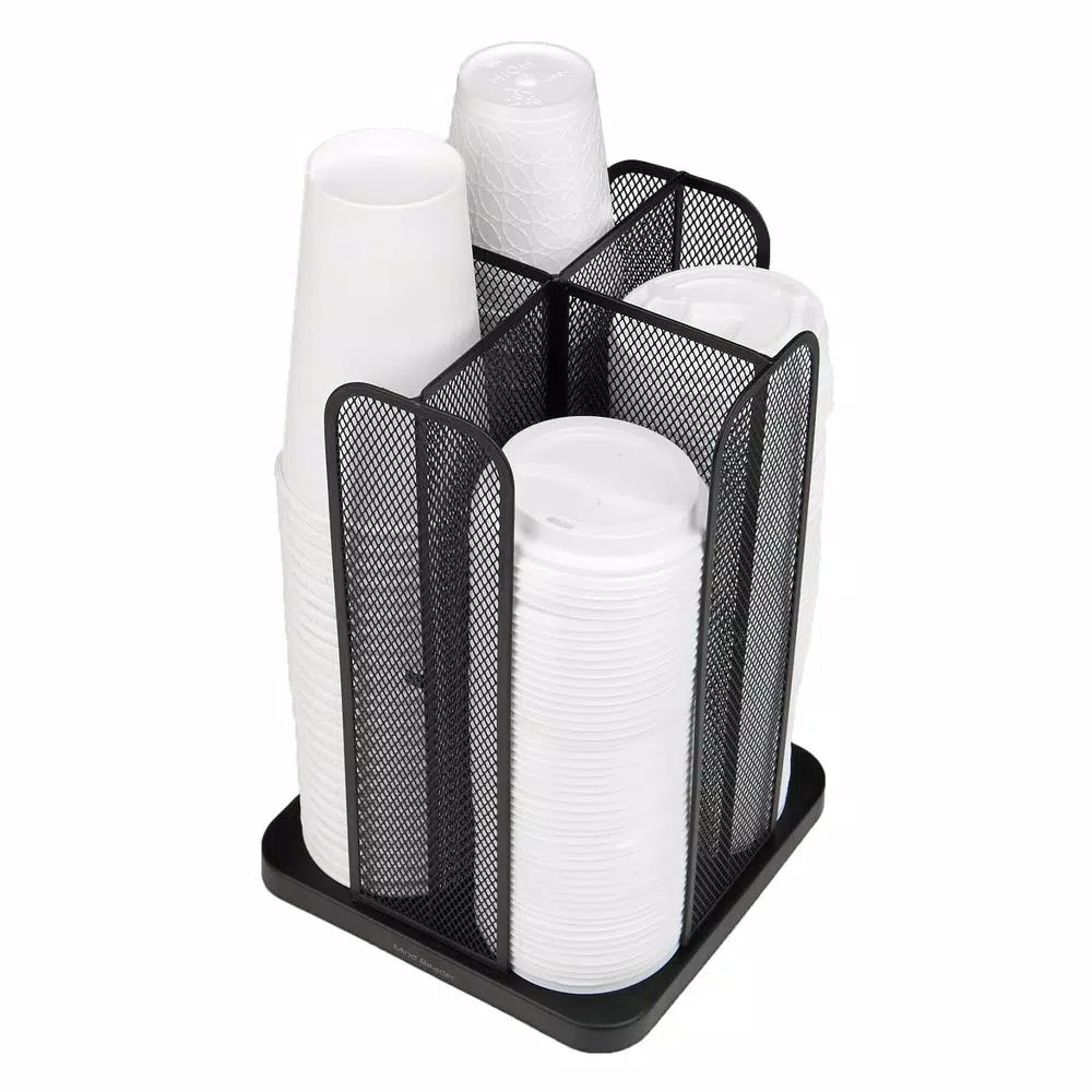 Mind Reader Rotating Cup and Lid Carousel Organizer, Black Metal Mesh Dispenser