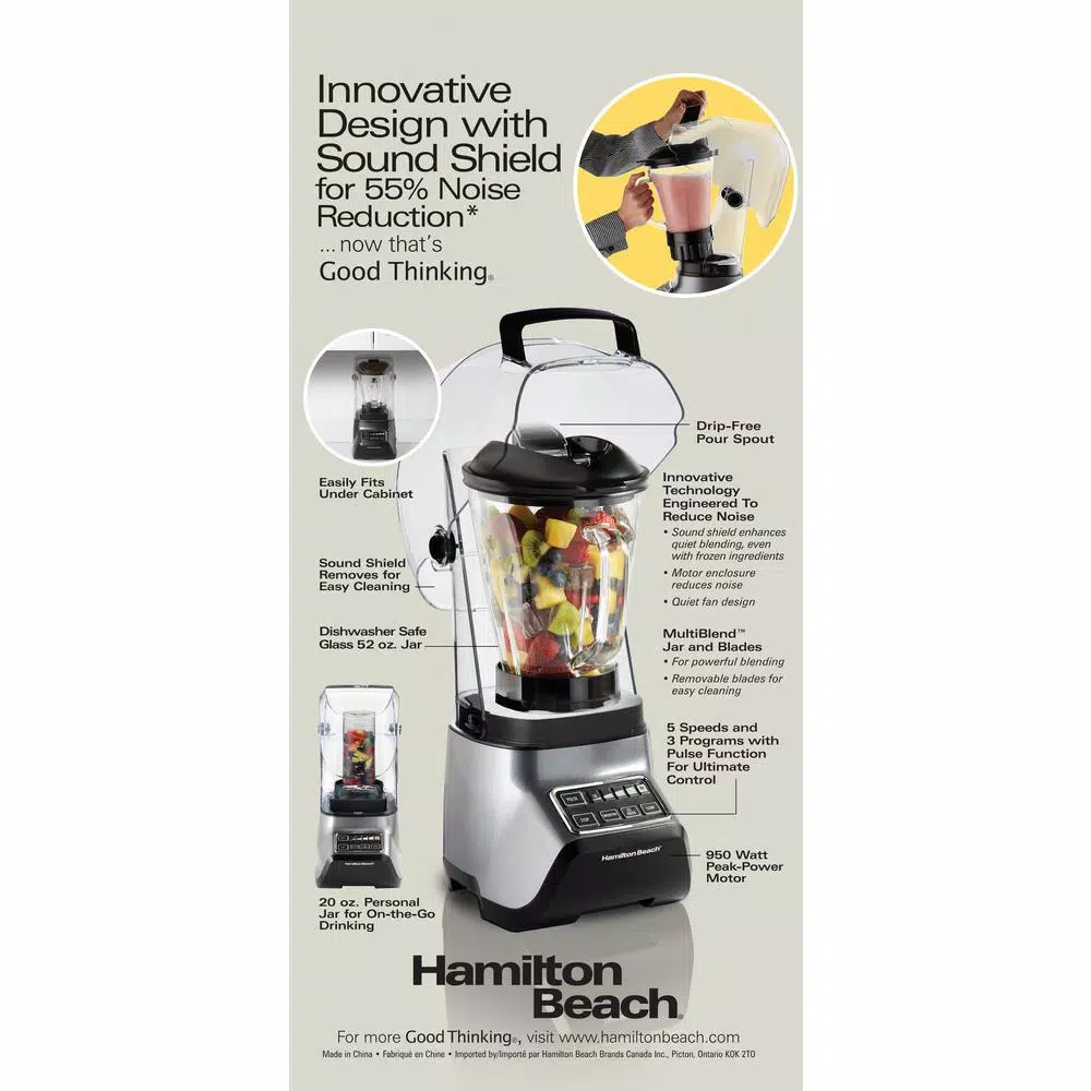 Hamilton Beach Sound Shield 950 Blender, 52 oz Glass Jar, 950W Peak Power, Grey