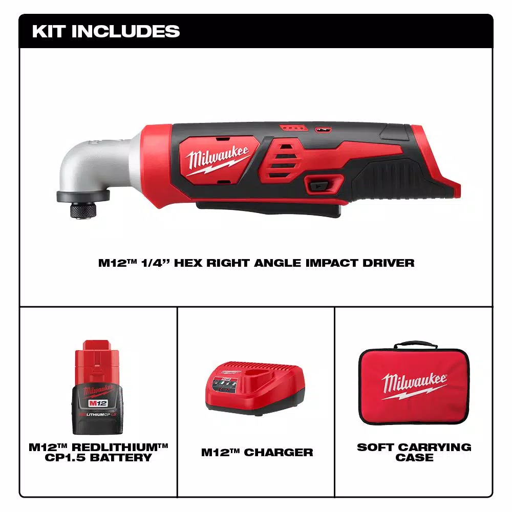 Milwaukee M12 12V Lithium-Ion Cordless 1/4 in. Right Angle Hex Impact Driver Kit with 1.5Ah Battery, Charger & Case