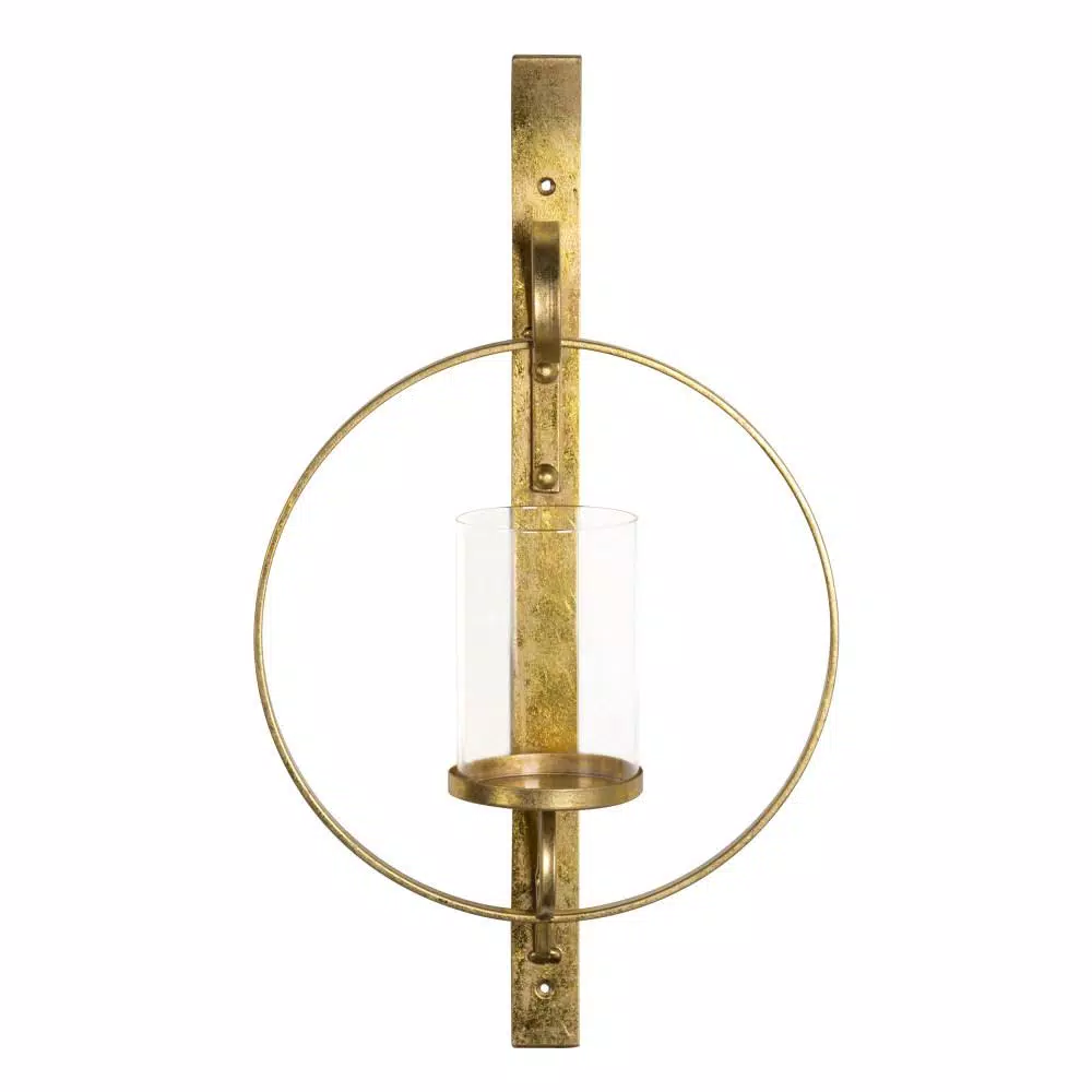 Kate and Laurel Doria Gold Metal Candle Sconce - Glamorous Round Wall Decor with Glass Pillar