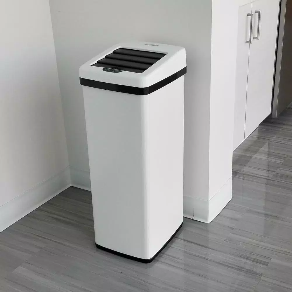 iTouchless 14 Gal. White Stainless Steel Touchless Motion Sensing Trash Can with Space-Saving Sliding Lid