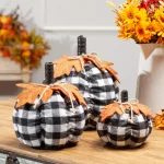 Gerson Black and White Plaid Fabric Pumpkin Set of 3 - Farmhouse Harvest Decor thumbnail 2