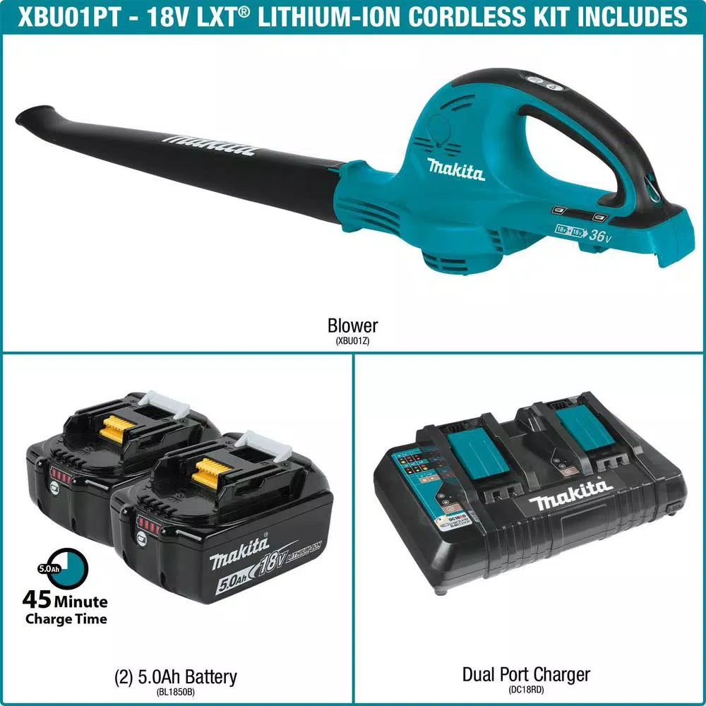 Makita 36V (18V x2) LXT Lithium-Ion Cordless Blower Kit with (2) 5.0Ah Batteries and Dual Port Charger