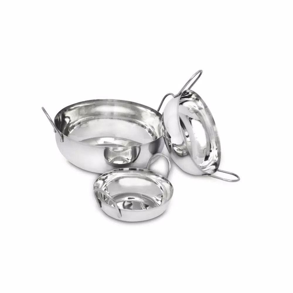 Unbranded 3-Piece Stainless Steel Balti Pan Set, 3 Sizes (3.25 Qt., 1.25 Qt., 0.50 Qt.)