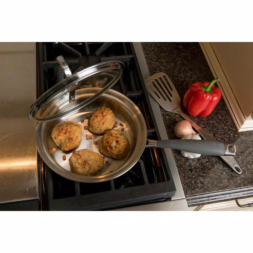 CookCraft by Candace 1.25 qt. Tri-Ply Stainless Steel Saute Pan with Patented Latch Glass Lid