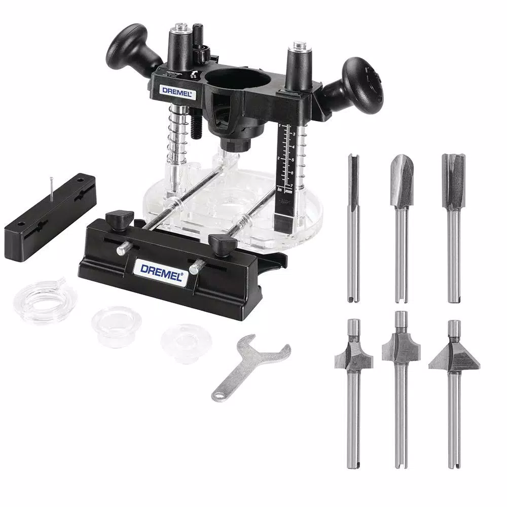 Dremel Plunge Router Attachment with 6-Piece High-Speed Steel Router Bit Set for Woodworking
